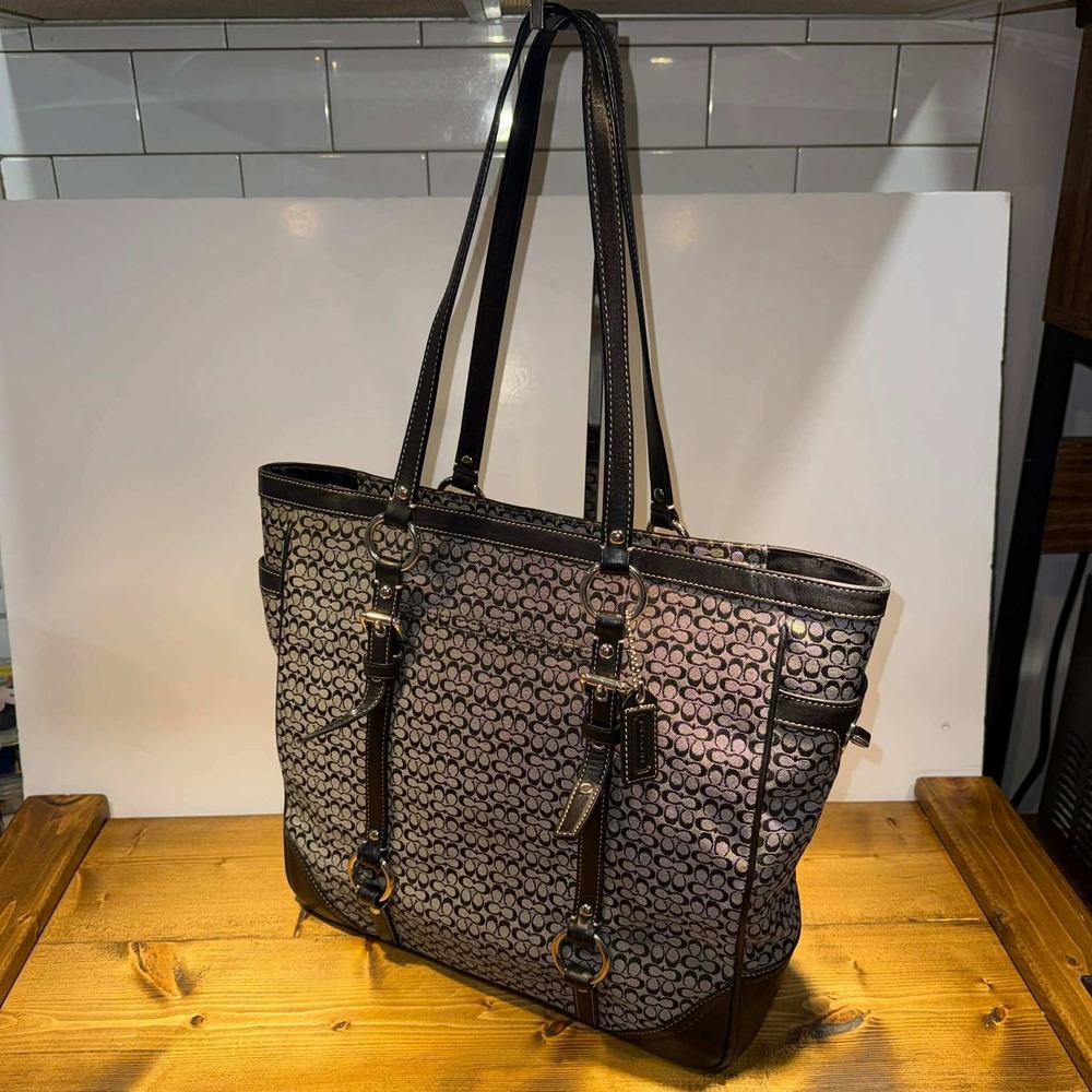 Coach Signature Stripe Gallery Tote Black Gray Canvas Leather Trim Shoulder Bag
